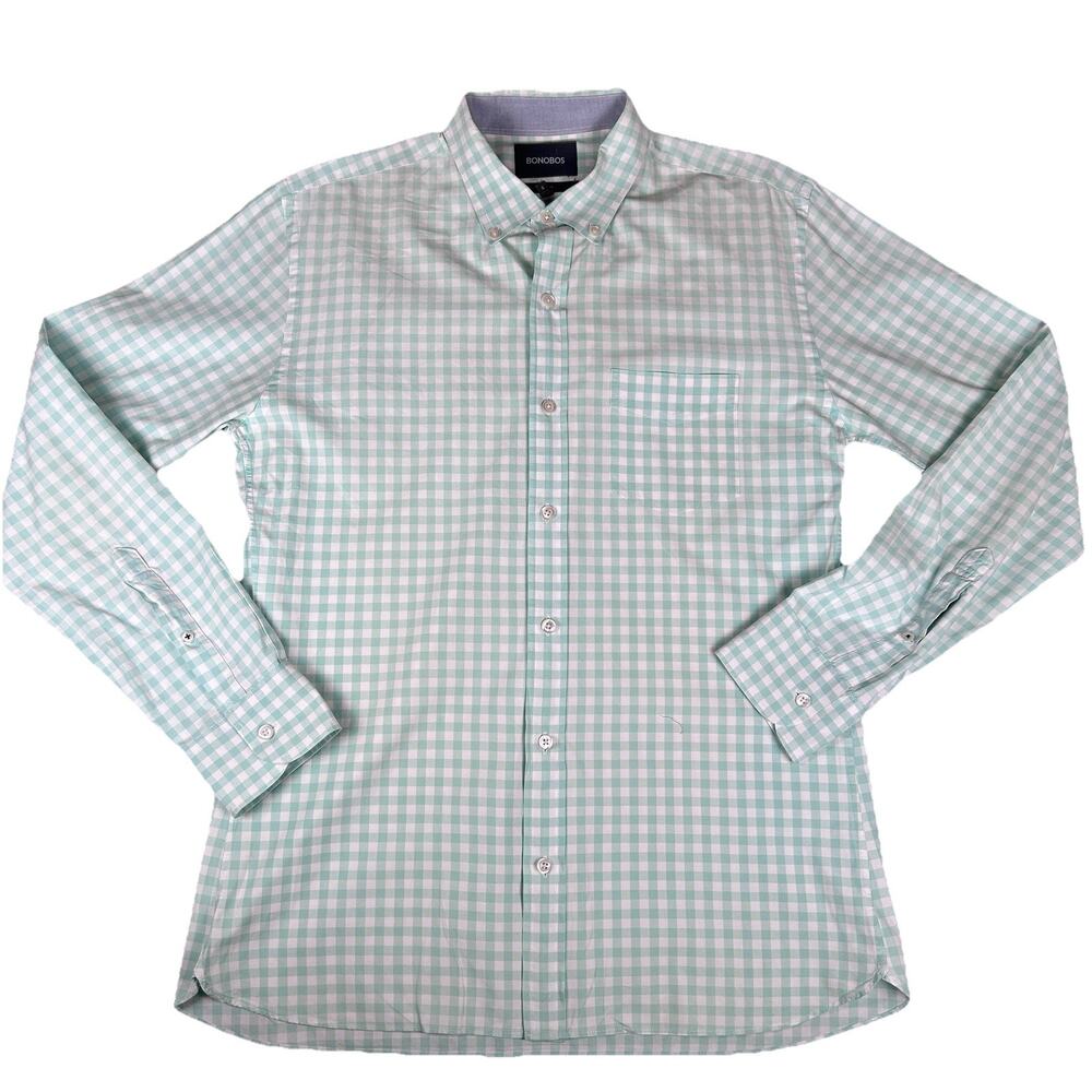 Bonobos Shirt Mens L Slim Fit Casual Pocket Button Lte Green Gingham Long Sleeve